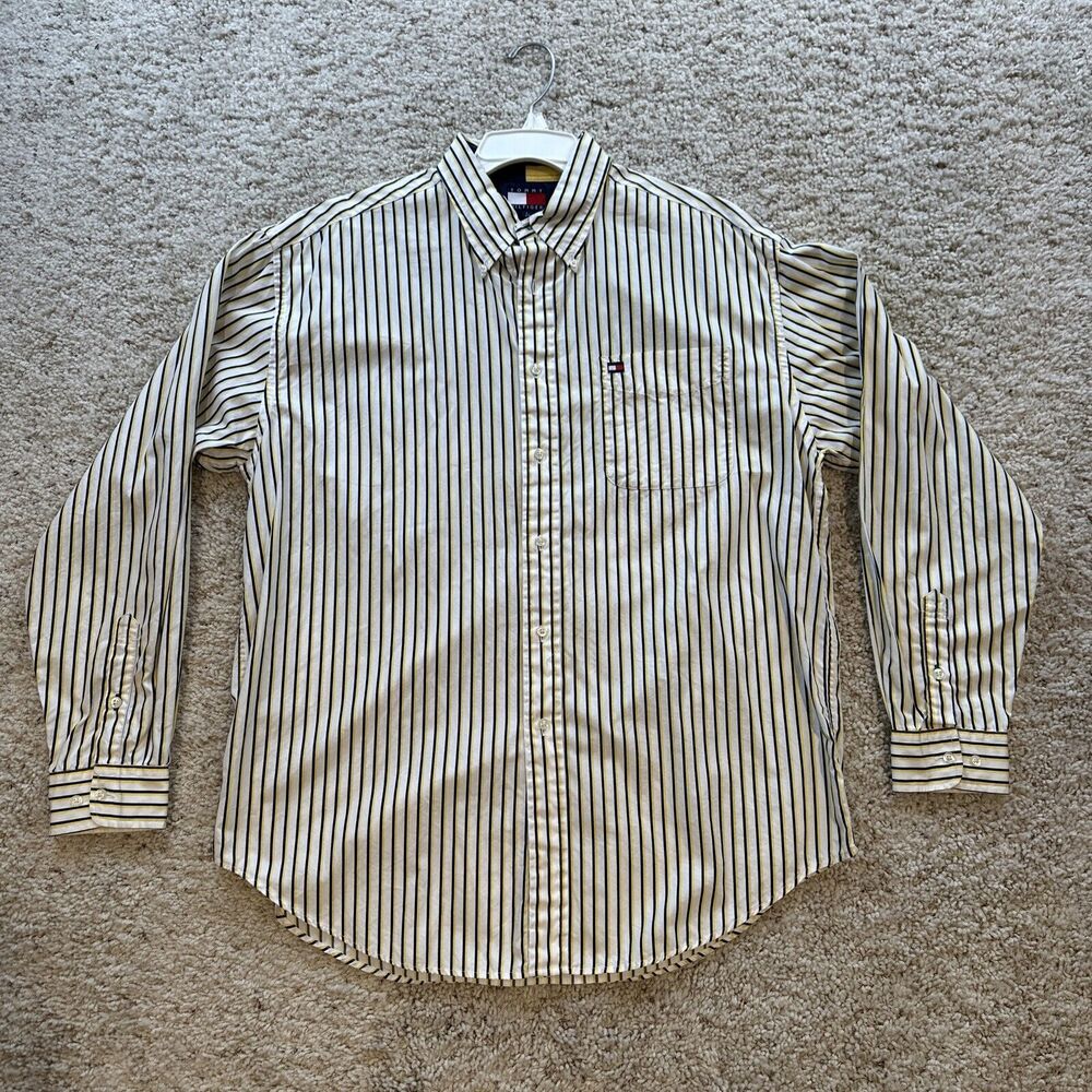 Tommy Hilfiger‎ Dress Shirt Mens Large Button Up Yellow Striped Long Sleeve